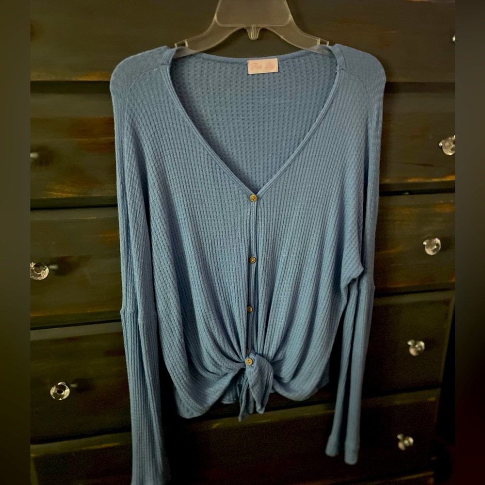 Long sleeve waffle/print button down top by Pink Lily